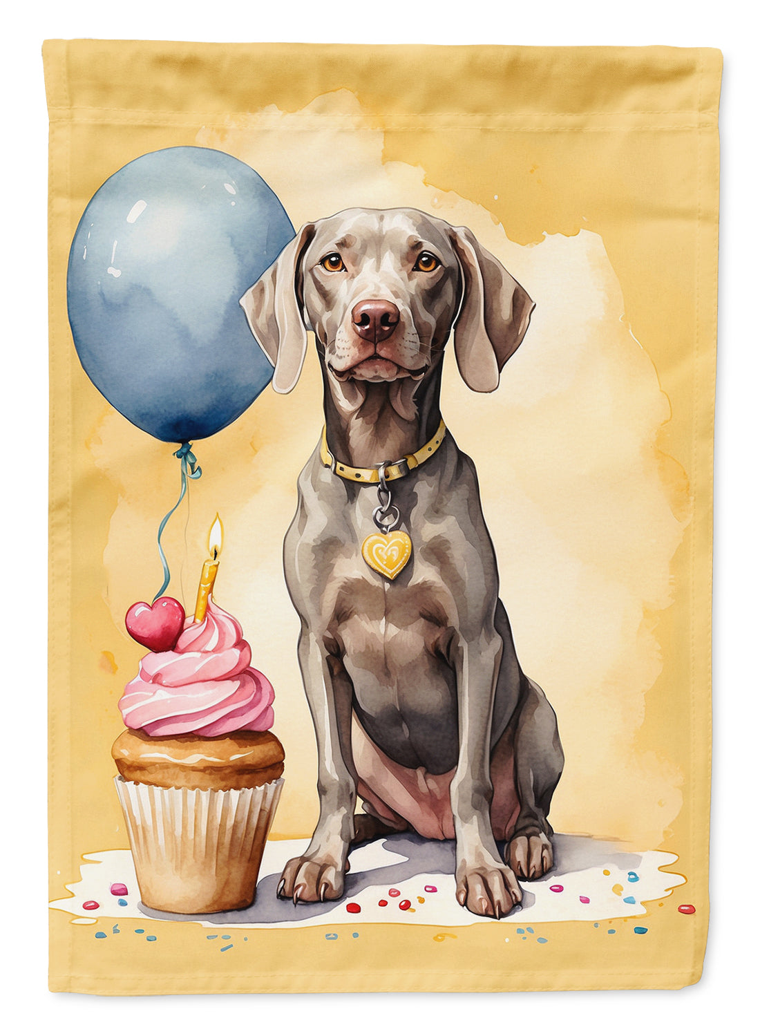Weimaraner Happy Birthday Garden Flag –Dog Birthday Cupcake Yard Decor with Balloons