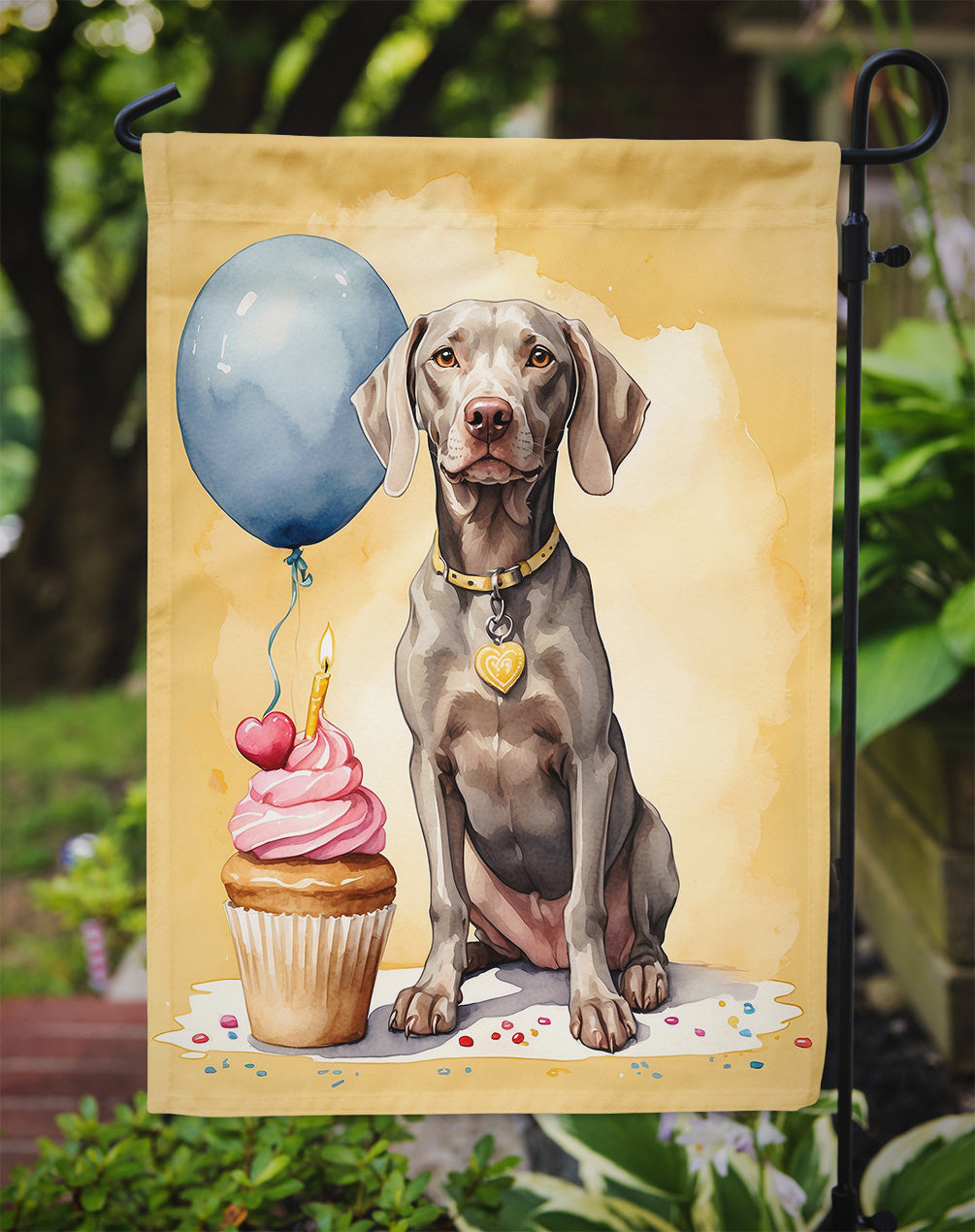 Weimaraner Happy Birthday Garden Flag –Dog Birthday Cupcake Yard Decor with Balloons