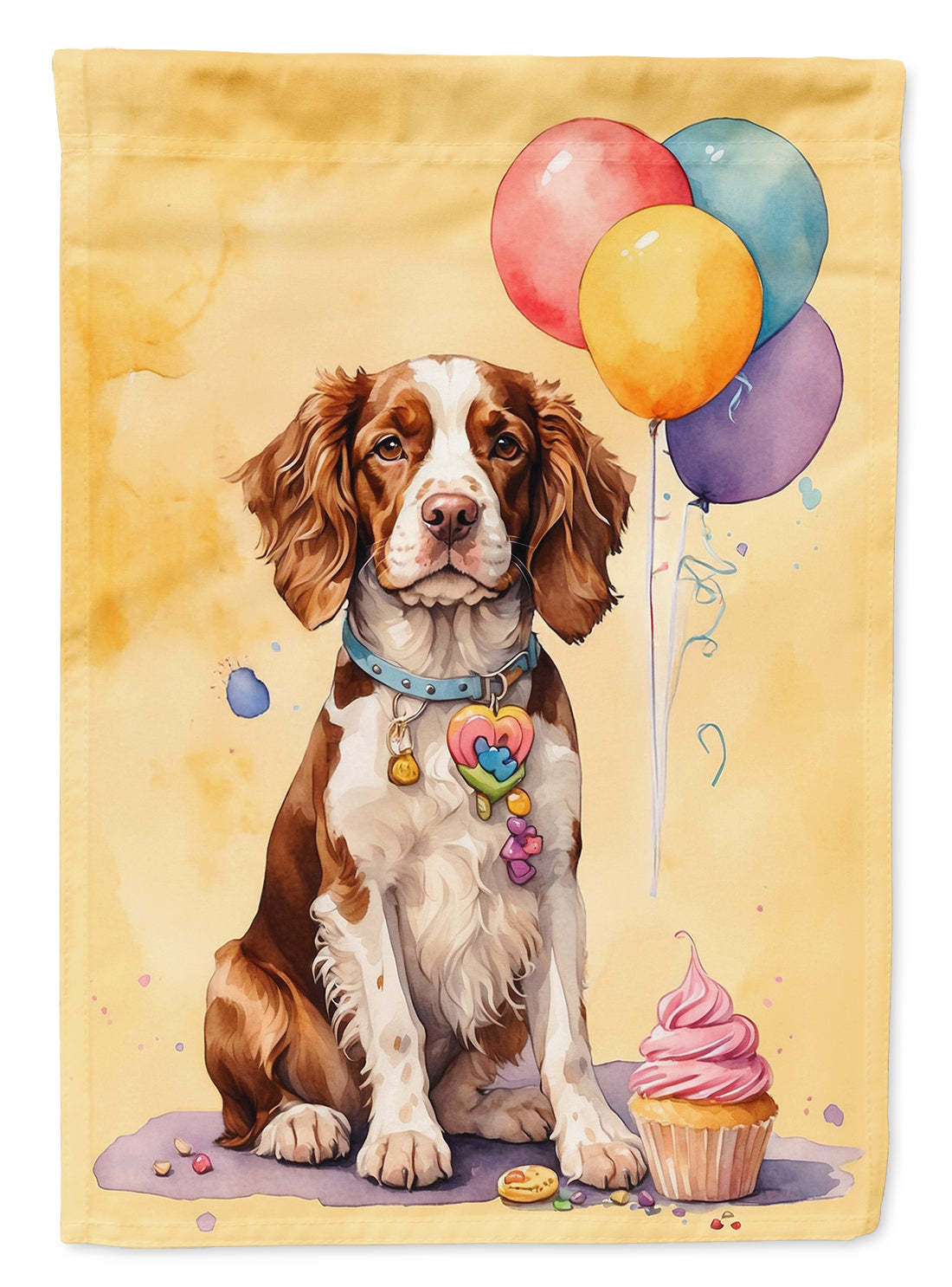 Welsh Springer Spaniel Happy Birthday Garden Flag –Dog Birthday Cupcake Yard Decor with Balloons