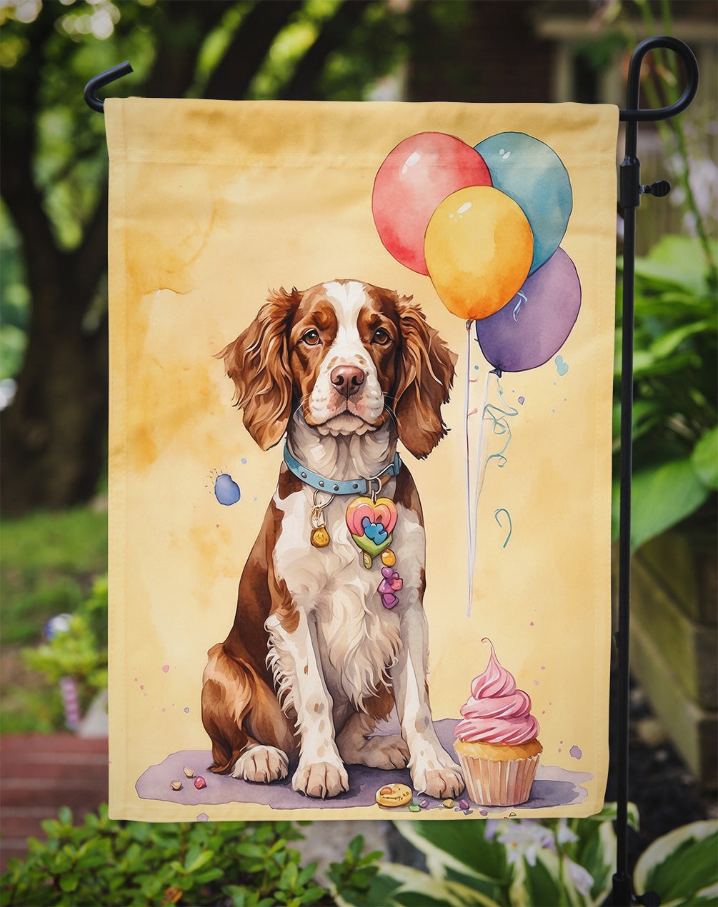 Welsh Springer Spaniel Happy Birthday Garden Flag –Dog Birthday Cupcake Yard Decor with Balloons