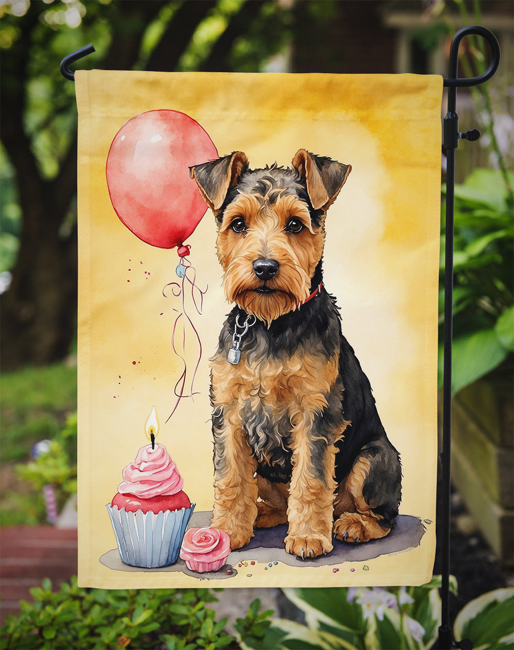 Welsh Terrier Happy Birthday Garden Flag –Dog Birthday Cupcake Yard Decor with Balloons