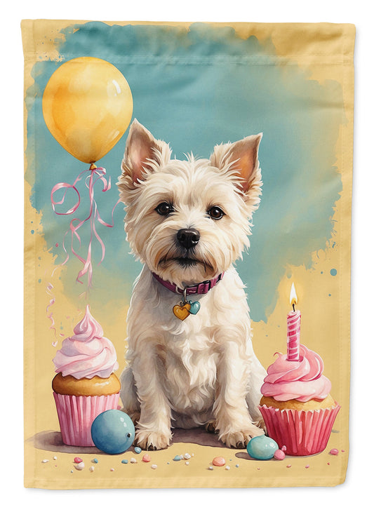 Westie Happy Birthday Garden Flag –Dog Birthday Cupcake Yard Decor with Balloons