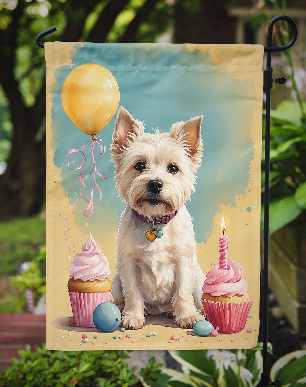 Westie Happy Birthday Garden Flag –Dog Birthday Cupcake Yard Decor with Balloons