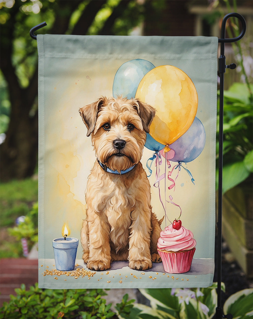 Wheaten Terrier Happy Birthday Garden Flag –Dog Birthday Cupcake Yard Decor with Balloons