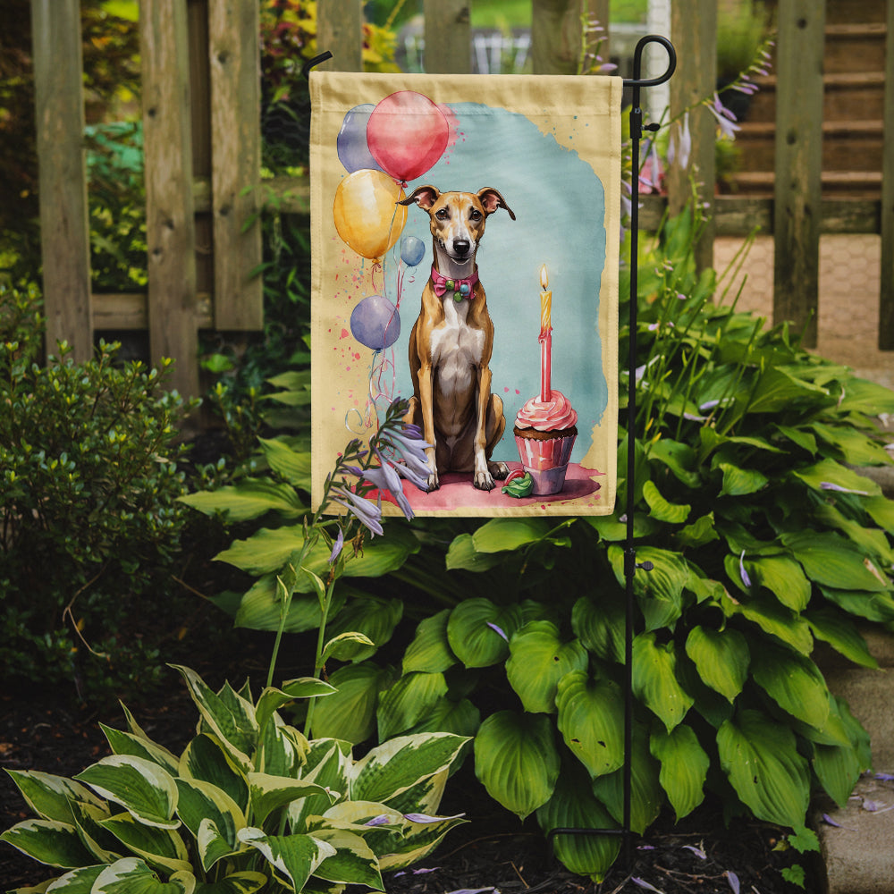 Whippet Happy Birthday Garden Flag –Dog Birthday Cupcake Yard Decor with Balloons
