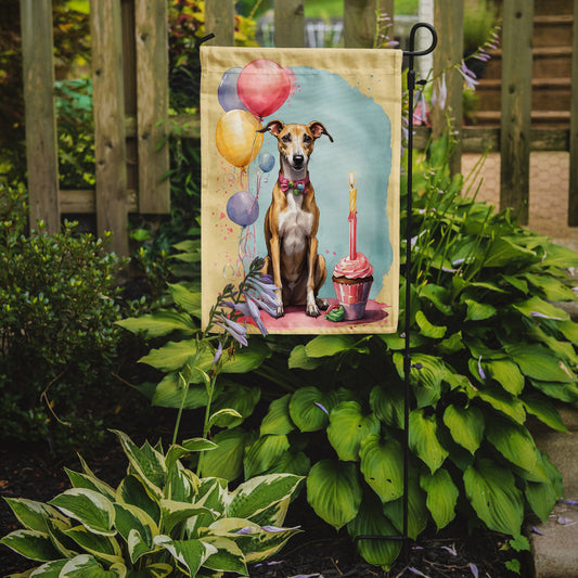 Whippet Happy Birthday Garden Flag –Dog Birthday Cupcake Yard Decor with Balloons
