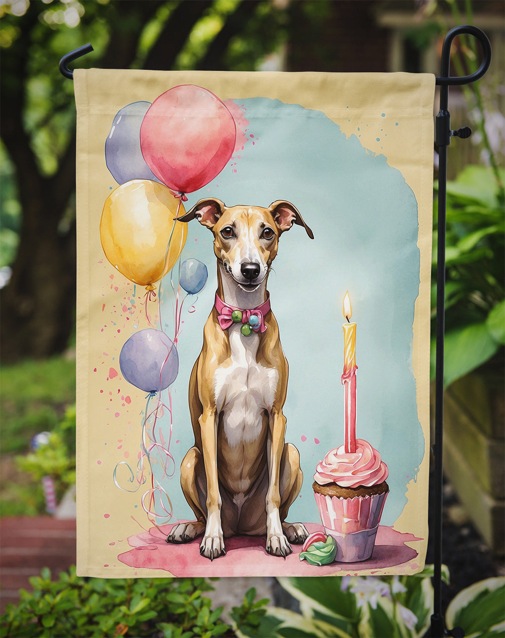 Whippet Happy Birthday Garden Flag –Dog Birthday Cupcake Yard Decor with Balloons