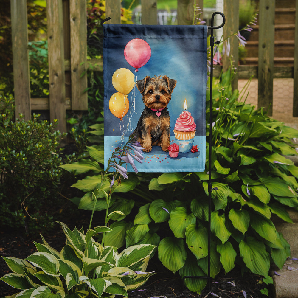 Yorkipoo Happy Birthday Garden Flag –Dog Birthday Cupcake Yard Decor with Balloons