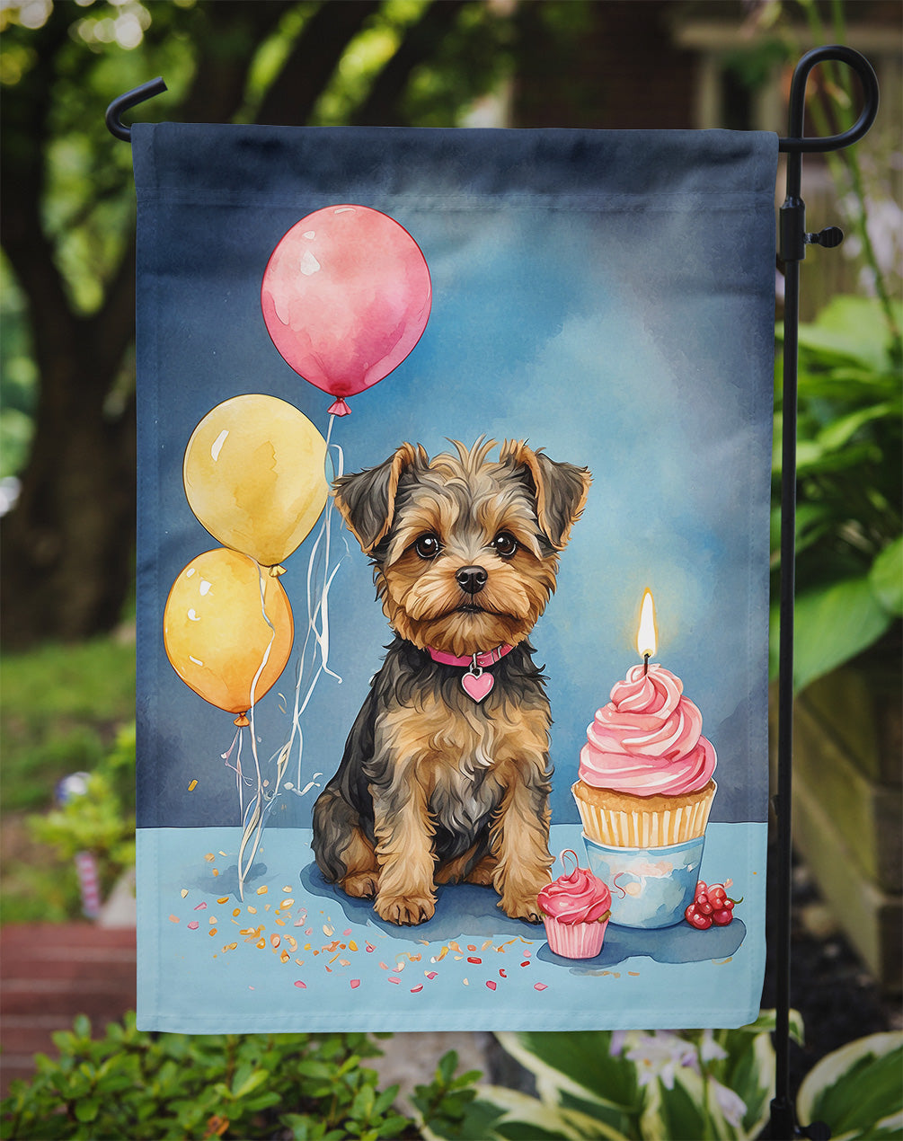 Yorkipoo Happy Birthday Garden Flag –Dog Birthday Cupcake Yard Decor with Balloons