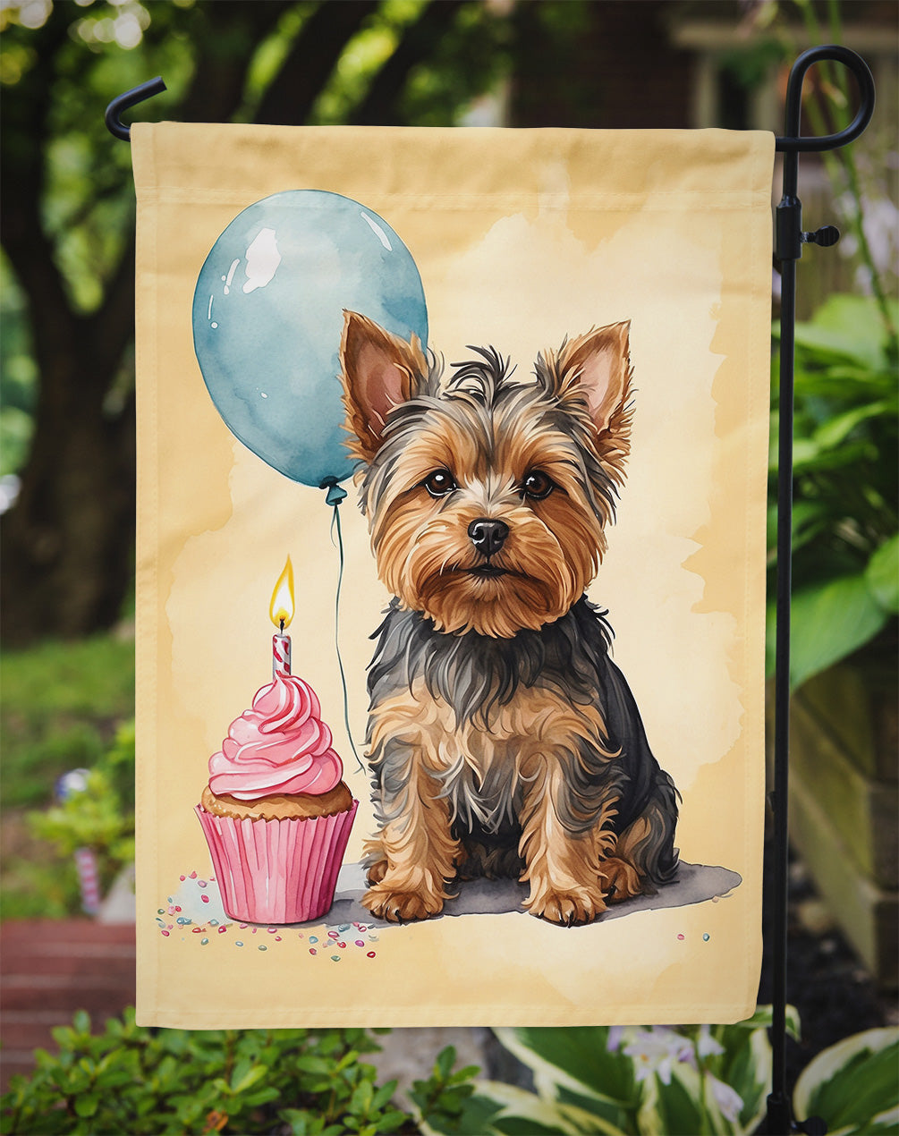 Yorkshire Terrier Happy Birthday Garden Flag –Dog Birthday Cupcake Yard Decor with Balloons