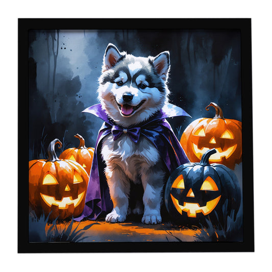 Alaskan Malamute Puppy Halloween Framed Metal Print