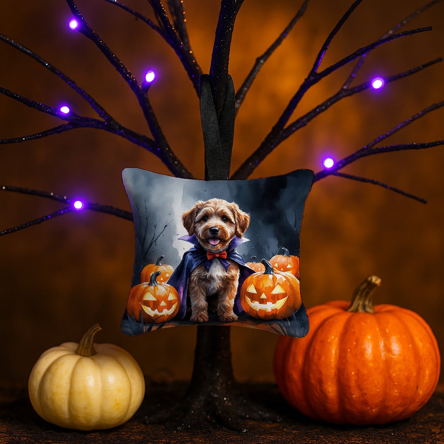 Chocolate Labradoodle Puppy Halloween Mini Hanging Pillow Ornament 3.5 × 3.5