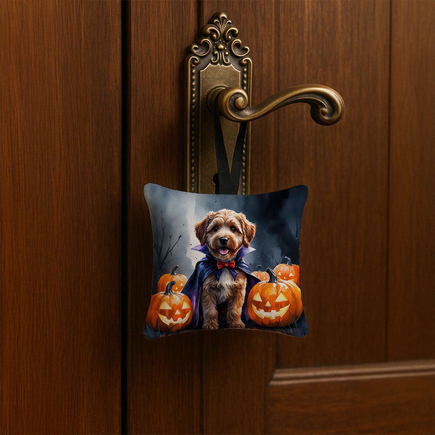 Chocolate Labradoodle Puppy Halloween Mini Hanging Pillow Ornament 3.5 × 3.5