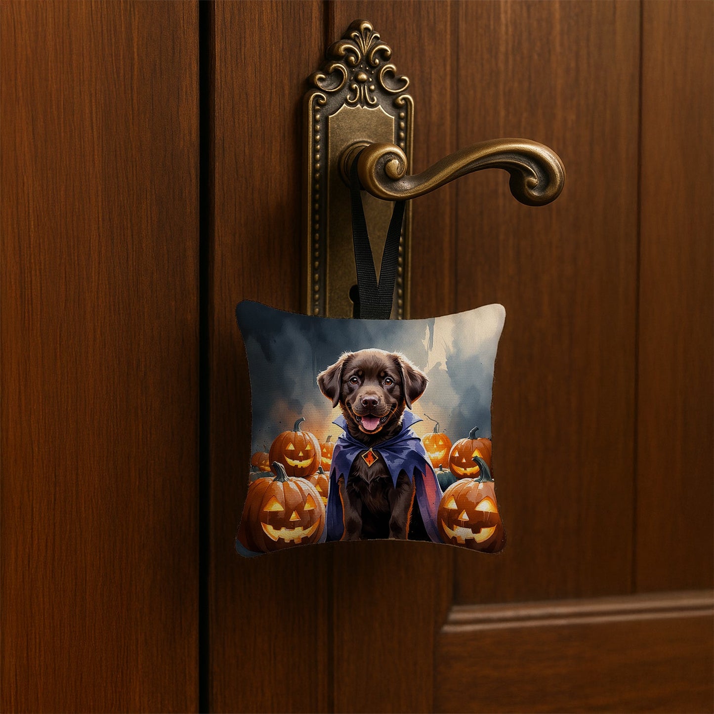 Chocolate Labrador Retriever Puppy Halloween Mini Hanging Pillow Ornament 3.5 × 3.5