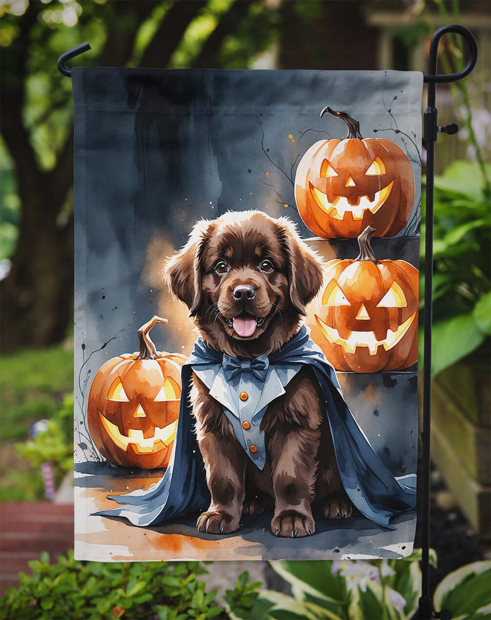 Chocolate Newfoundland Puppy Halloween Garden Flag
