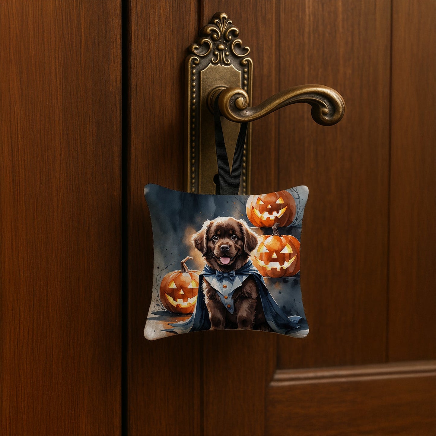 Chocolate Newfoundland Puppy Halloween Mini Hanging Pillow Ornament 3.5 × 3.5