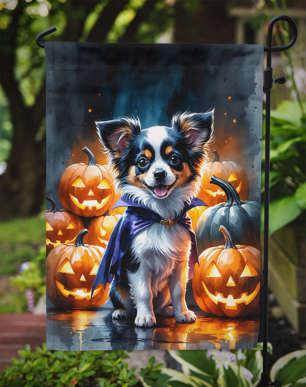 Tricolor Papillon Puppy Halloween Garden Flag