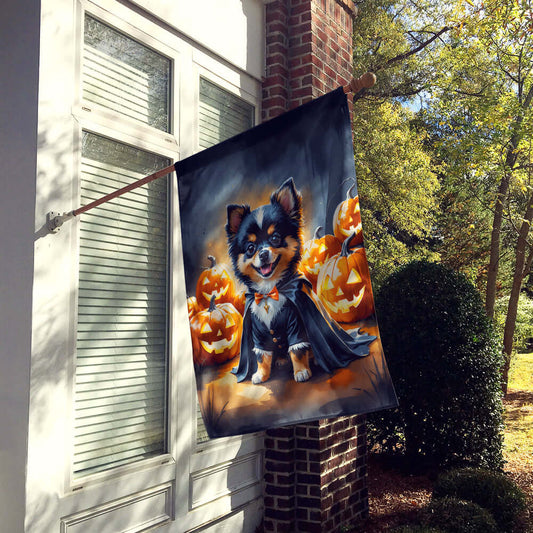 Balck and Tan Pomeranian Puppy Halloween House Flag