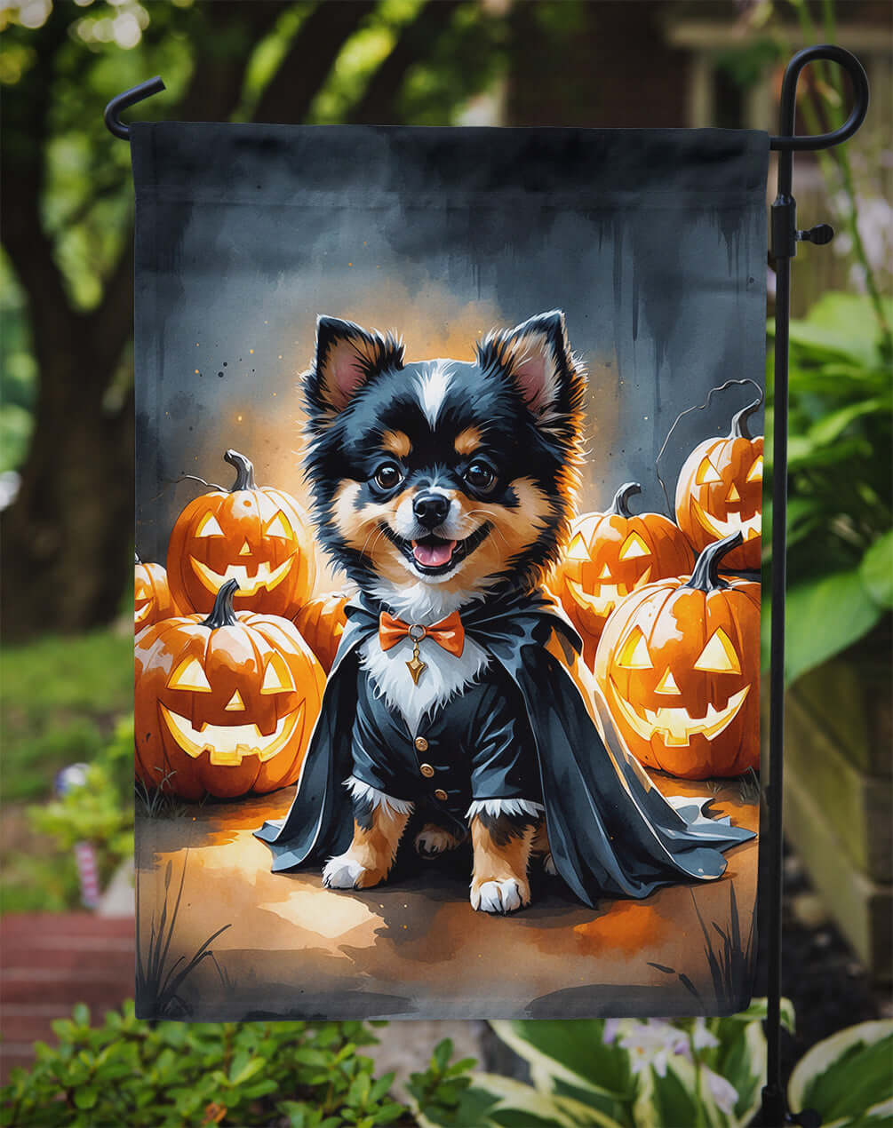 Balck and Tan Pomeranian Puppy Halloween Garden Flag