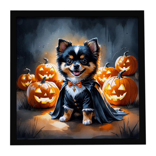 Balck and Tan Pomeranian Puppy Halloween Framed Metal Print