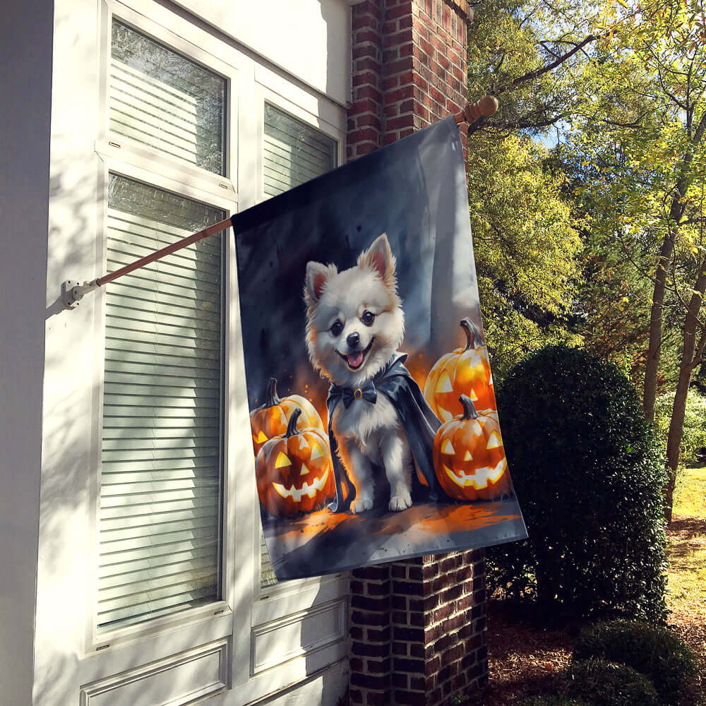 White Pomeranian Puppy Halloween House Flag