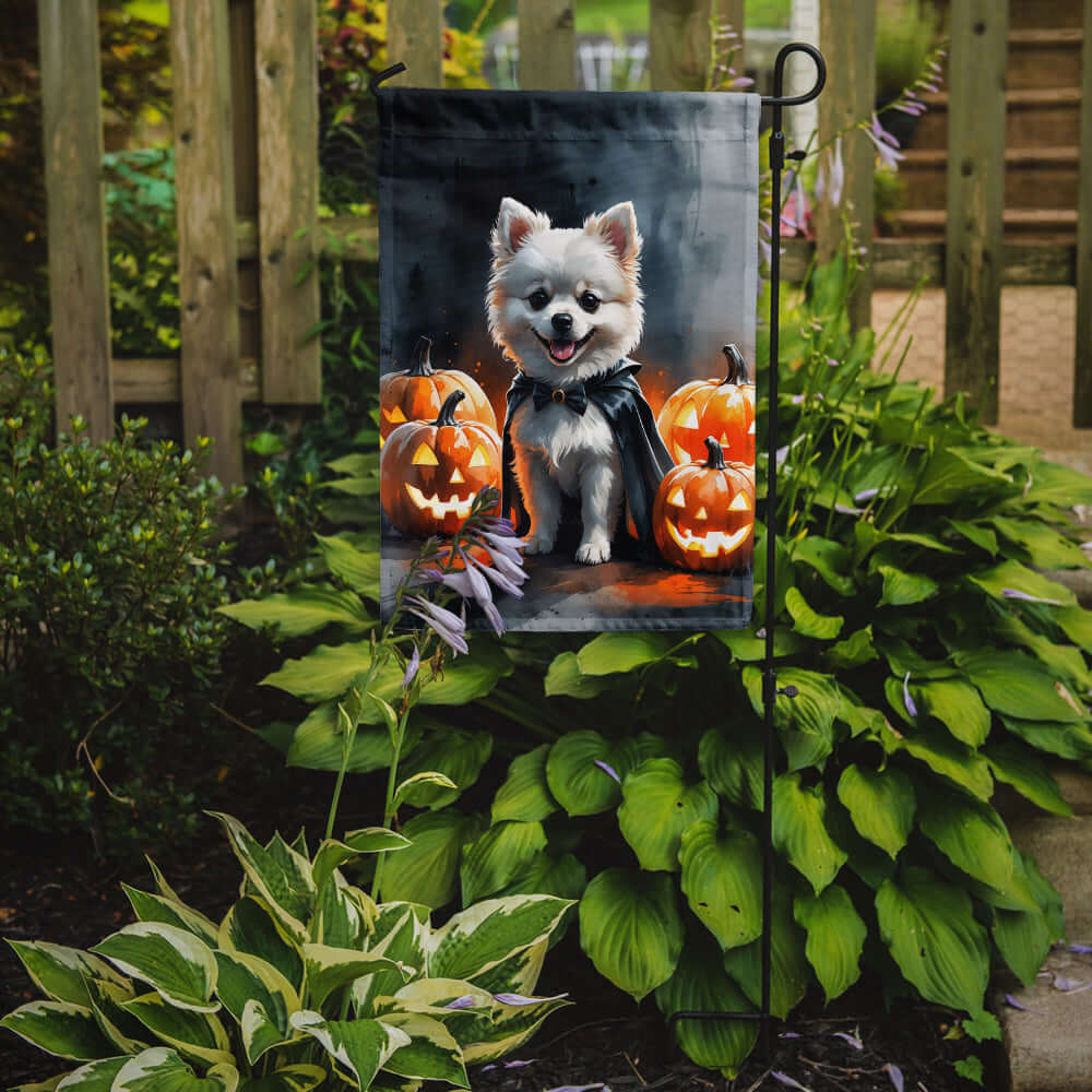 White Pomeranian Puppy Halloween Garden Flag