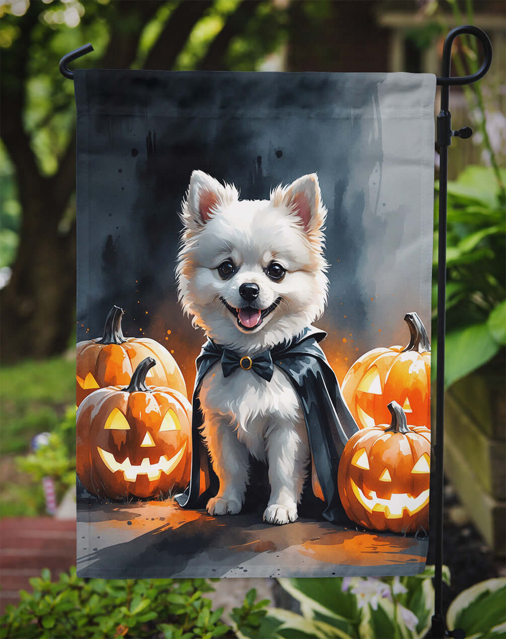 White Pomeranian Puppy Halloween Garden Flag
