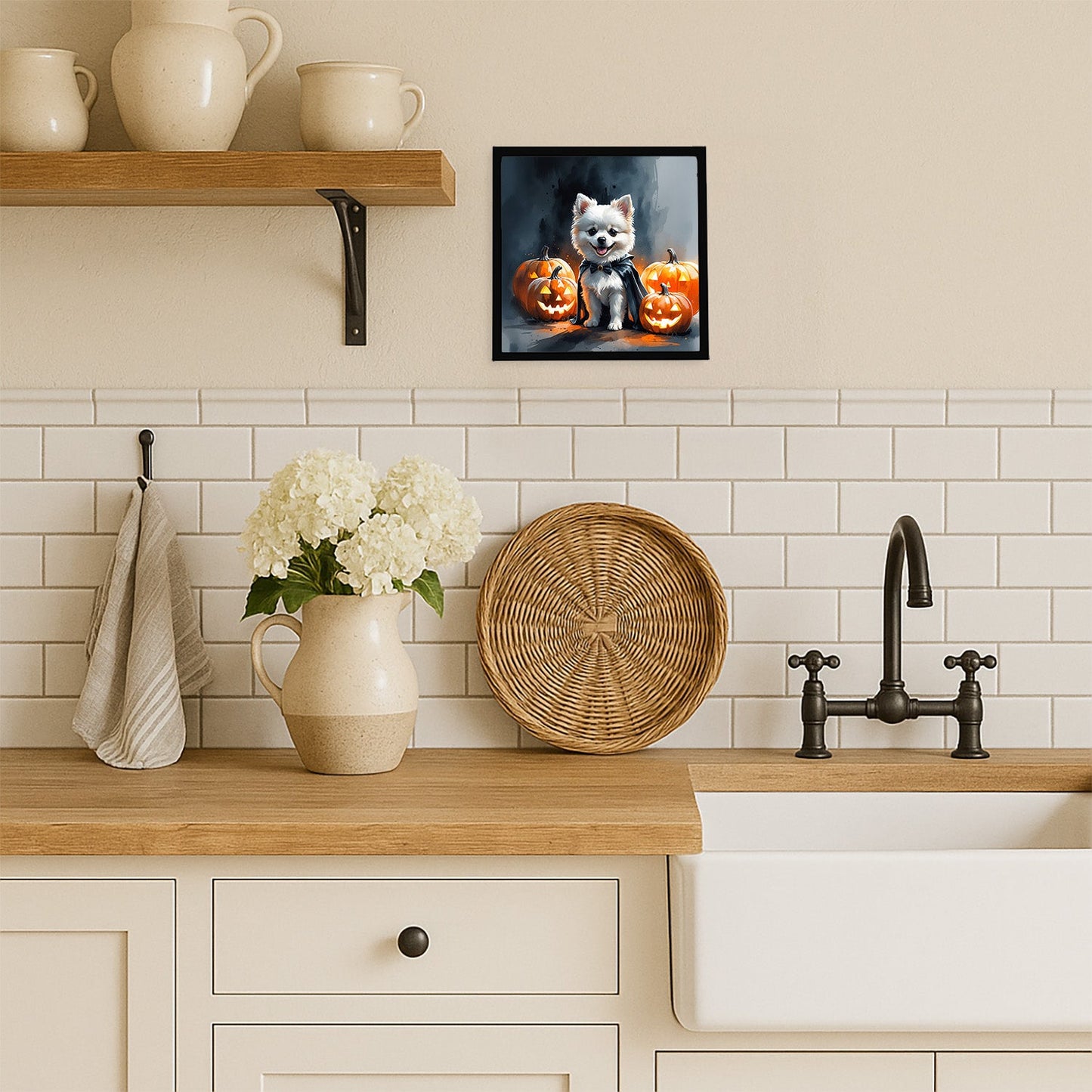 White Pomeranian Puppy Halloween Framed Metal Print