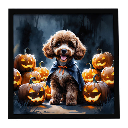Chocolate Poodle Puppy Halloween Framed Metal Print