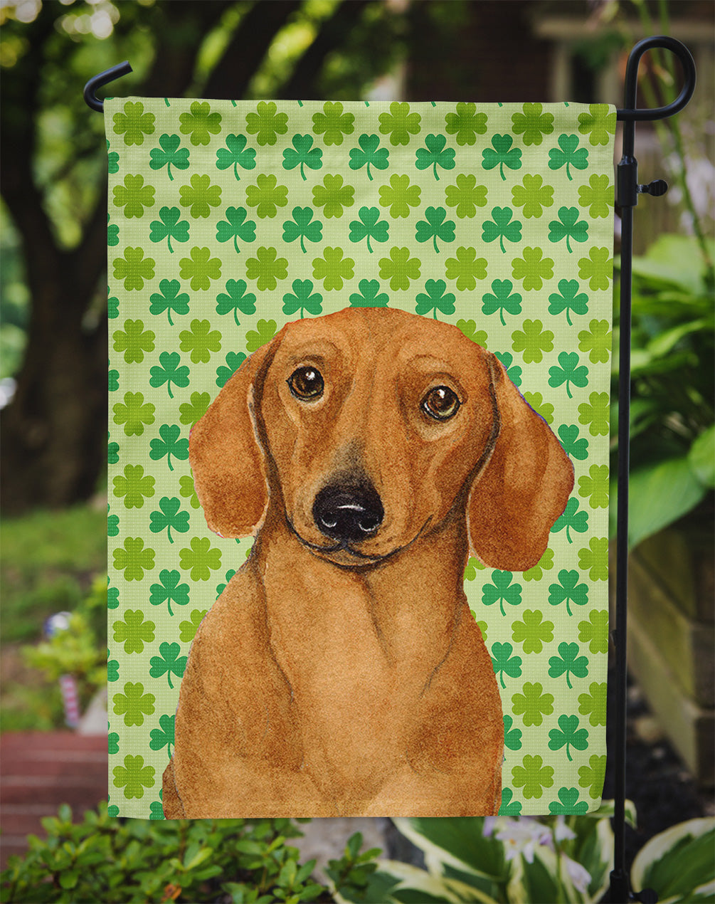 Dachshund St. Patrick's Day Shamrock Portrait Garden Flag – Decorative Outdoor Yard Flag