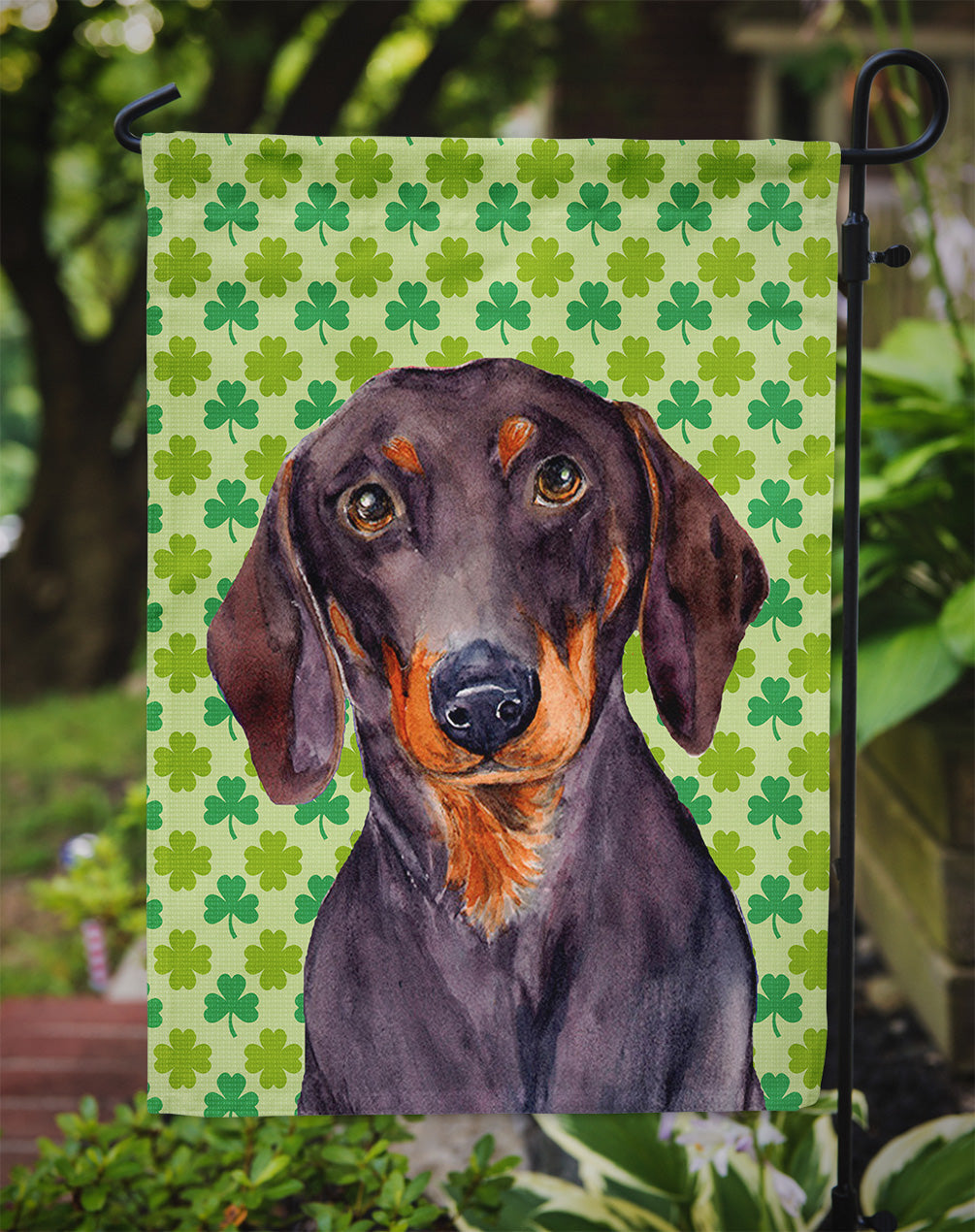 Dachshund St. Patrick's Day Shamrock Portrait Garden Flag – Decorative Outdoor Yard Flag