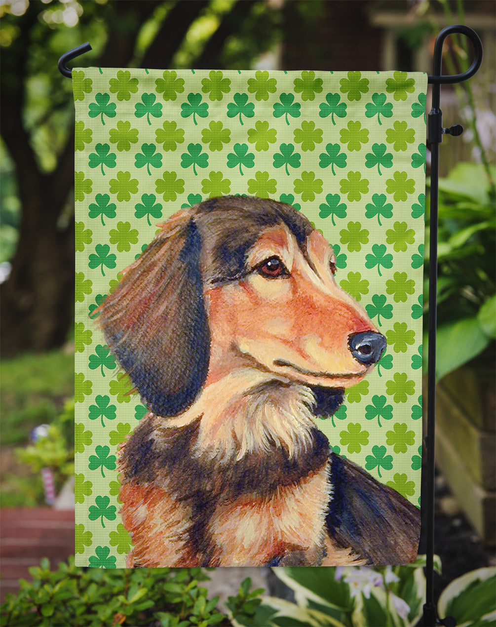 Dachshund St. Patrick's Day Shamrock Portrait Garden Flag – Decorative Outdoor Yard Flag