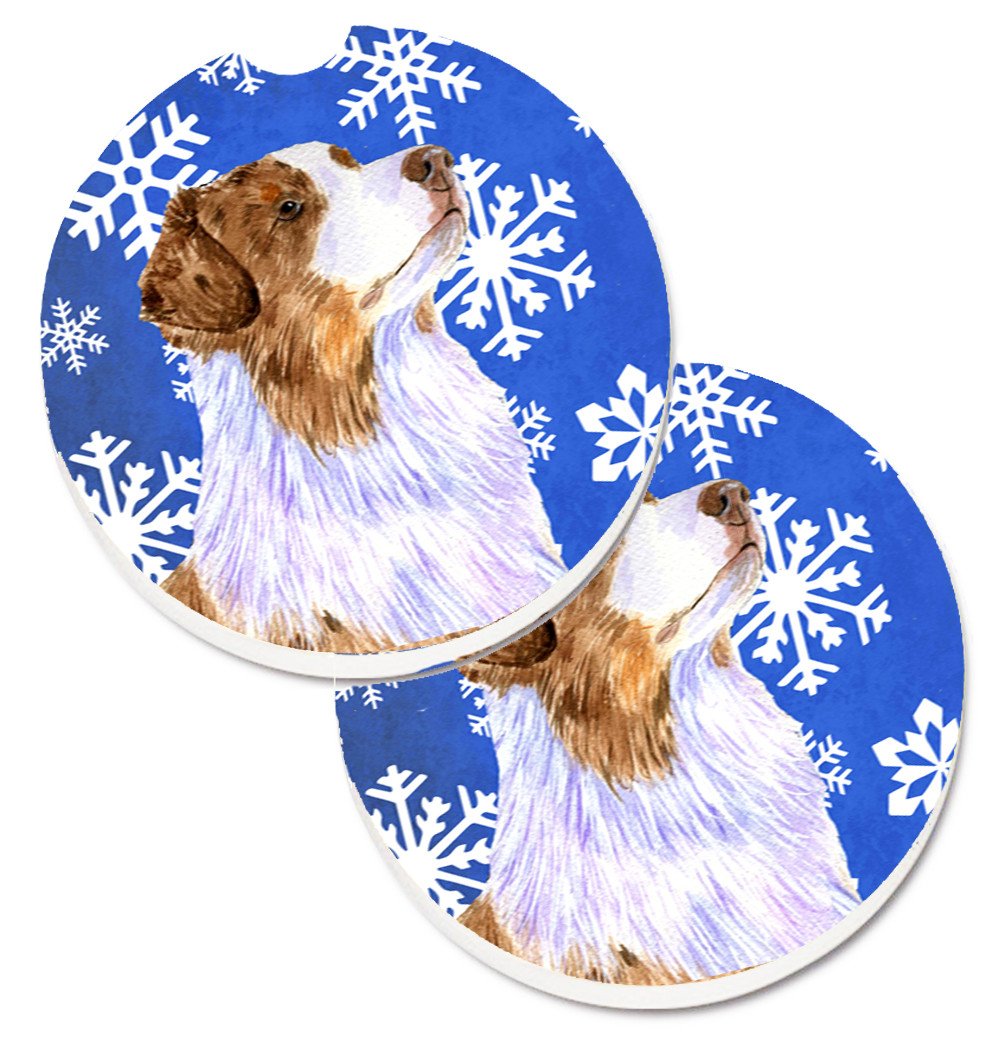 Australian Shepherd Winter Snowflakes Holiday Car Coasters – Set of 2 - Absorbent Stone with Fun & Functional Artwork LH9273CARC
