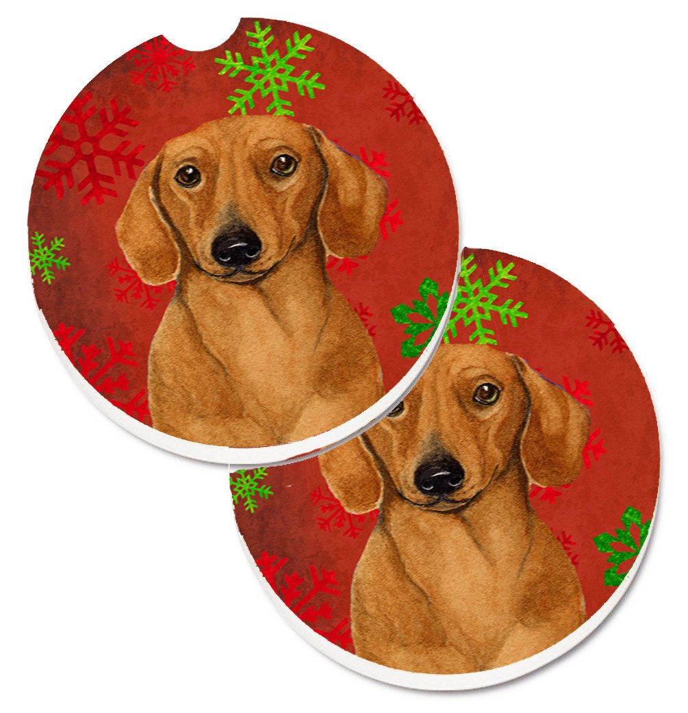 Dachshund Red and Green Snowflakes Holiday Christmas Car Coasters – Set of 2 - Absorbent Stone with Fun & Functional Artwork LH9312CARC