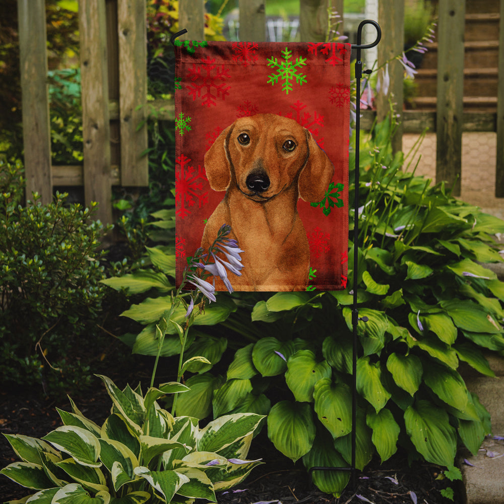 Dachshund Red and Green Snowflakes Holiday Christmas Garden Flag – Decorative Outdoor Yard Flag