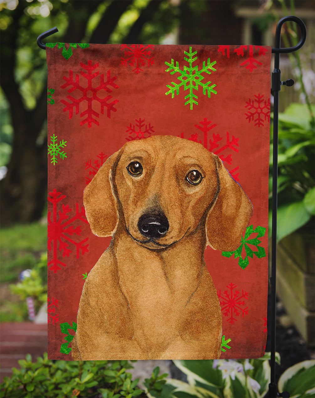 Dachshund Red and Green Snowflakes Holiday Christmas Garden Flag – Decorative Outdoor Yard Flag