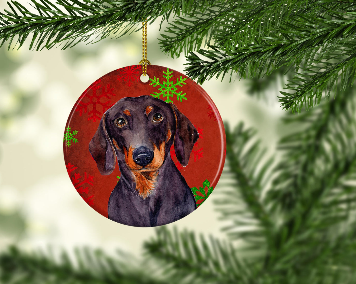 Dachshund Red Snowflake Holiday Christmas Ornament - Round Ceramic Ornament – Artist-Designed Keepsake Decoration LH9313