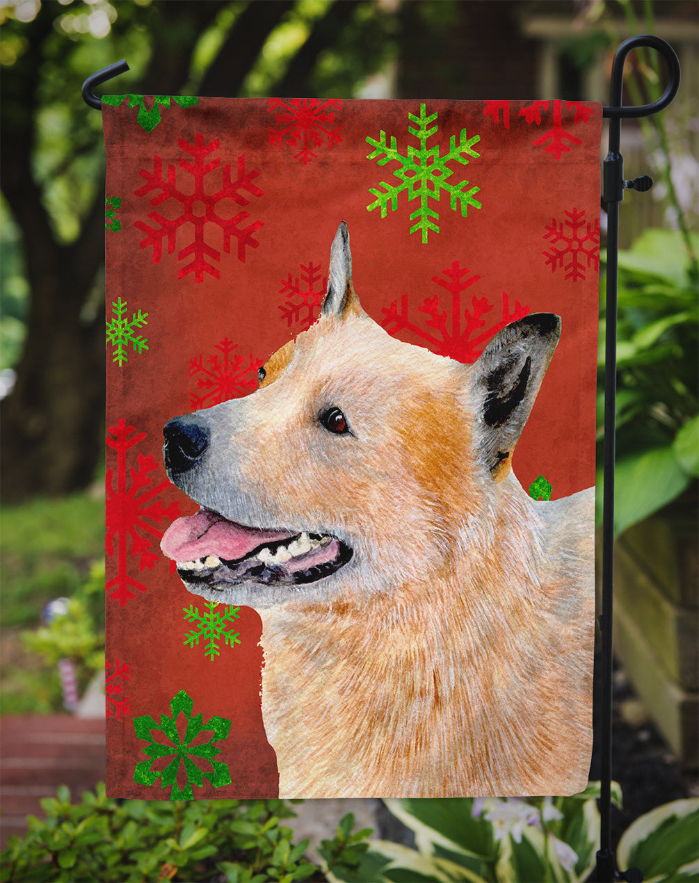 Australian Cattle Dog Red Green Snowflakes Christmas Garden Flag – Decorative Outdoor Yard Flag