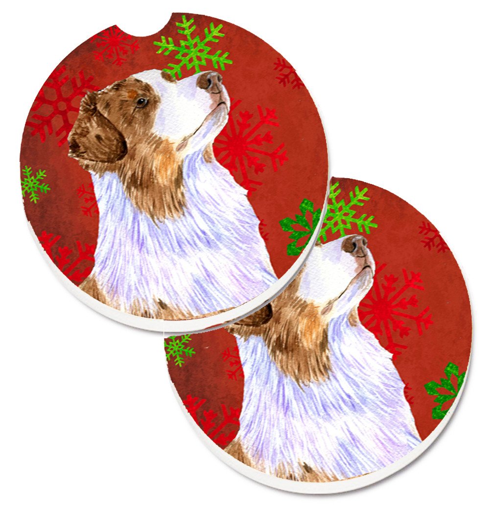 Australian Shepherd Red Green Snowflakes Christmas Car Coasters – Set of 2 - Absorbent Stone with Fun & Functional Artwork LH9318CARC