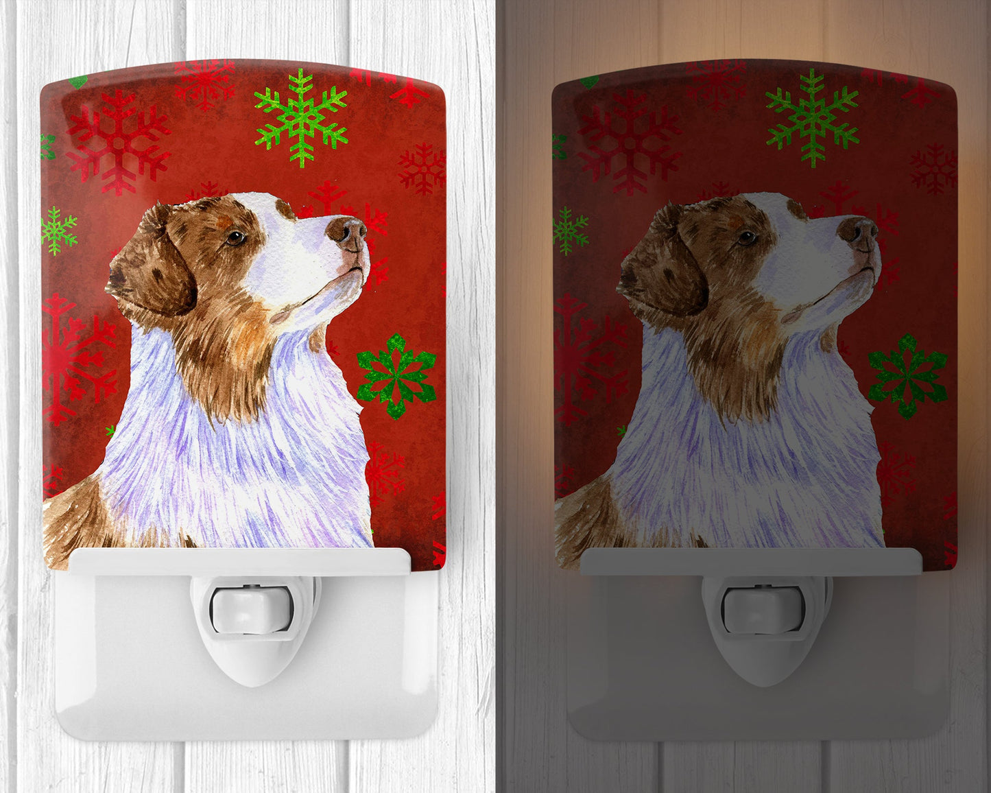 Australian Shepherd Red Green Snowflakes Christmas Ceramic Night Light LH9318CNL