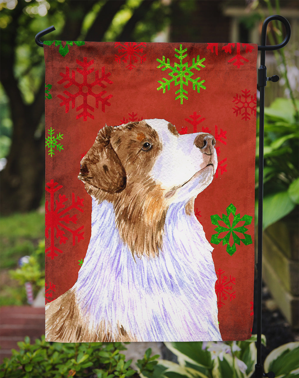 Australian Shepherd Red Green Snowflakes Christmas Garden Flag – Decorative Outdoor Yard Flag
