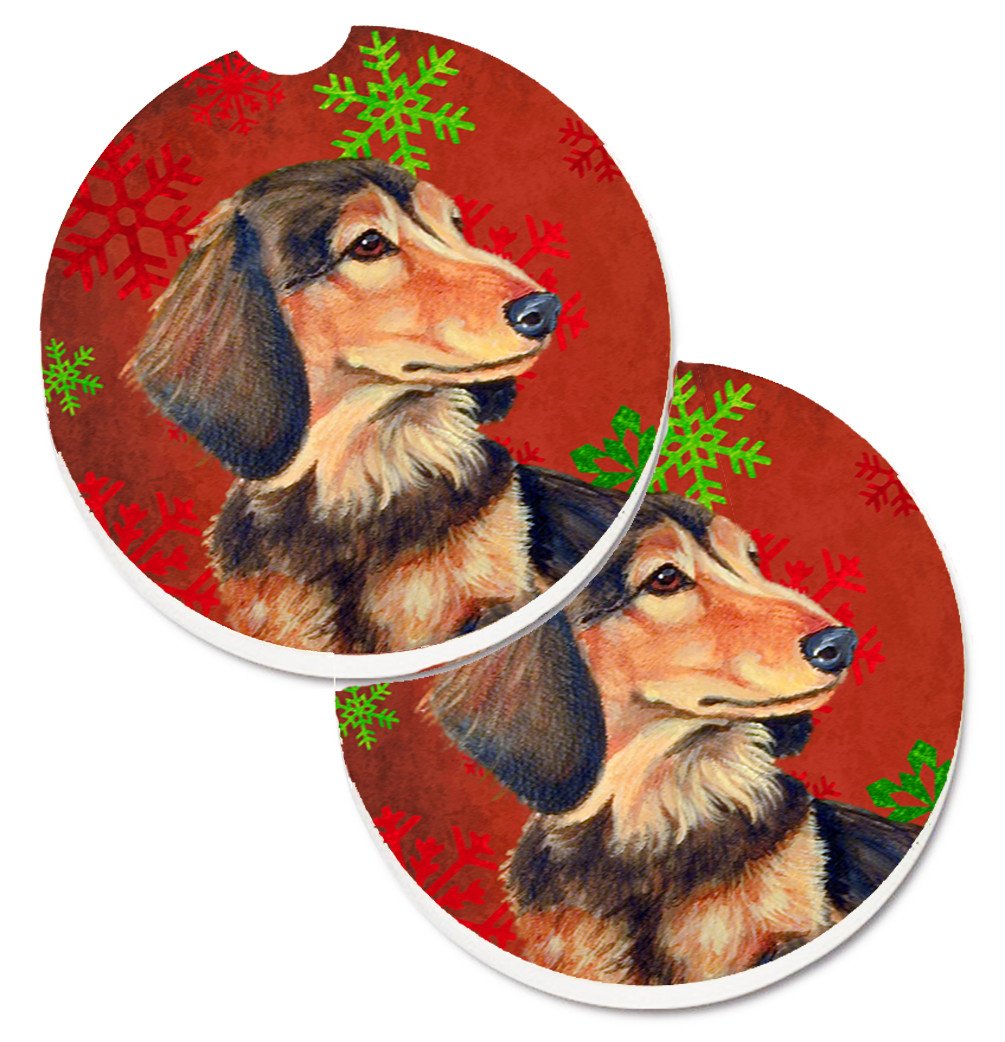 Dachshund Red and Green Snowflakes Holiday Christmas Car Coasters – Set of 2 - Absorbent Stone with Fun & Functional Artwork LH9346CARC