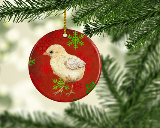 Baby Chick Red Snowflakes Holiday Christmas Ornament - Round Ceramic Ornament – Artist-Designed Keepsake Decoration SB3130CO1