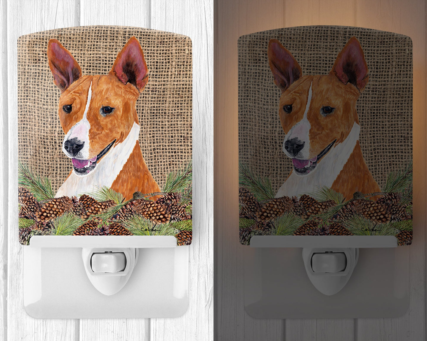 Basenji Faux Burlap and Pine cones Ceramic Night Light SC9036CNL