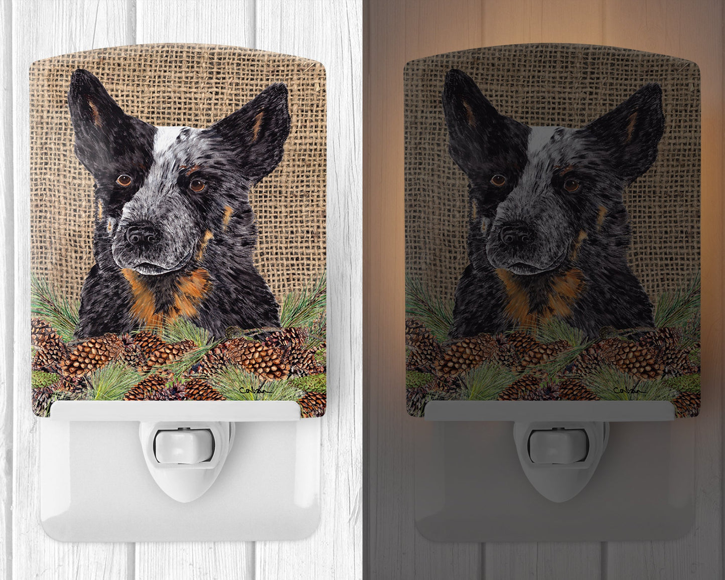 Australian Cattle Dog Faux Burlap and Pine cones Ceramic Night Light SC9050CNL