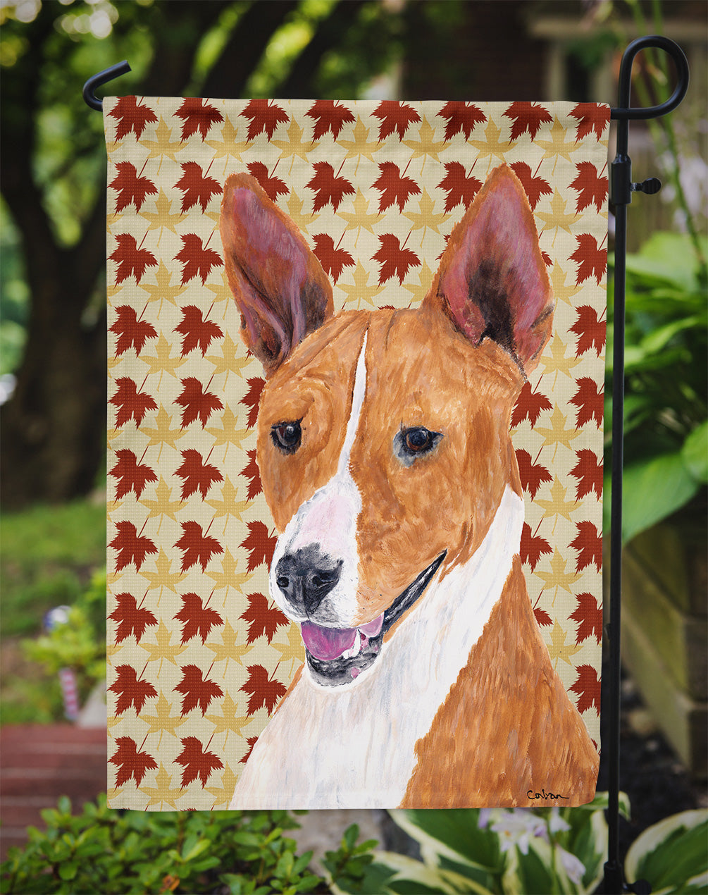 Basenji Fall Leaves Portrait Garden Flag – Decorative Outdoor Yard Flag