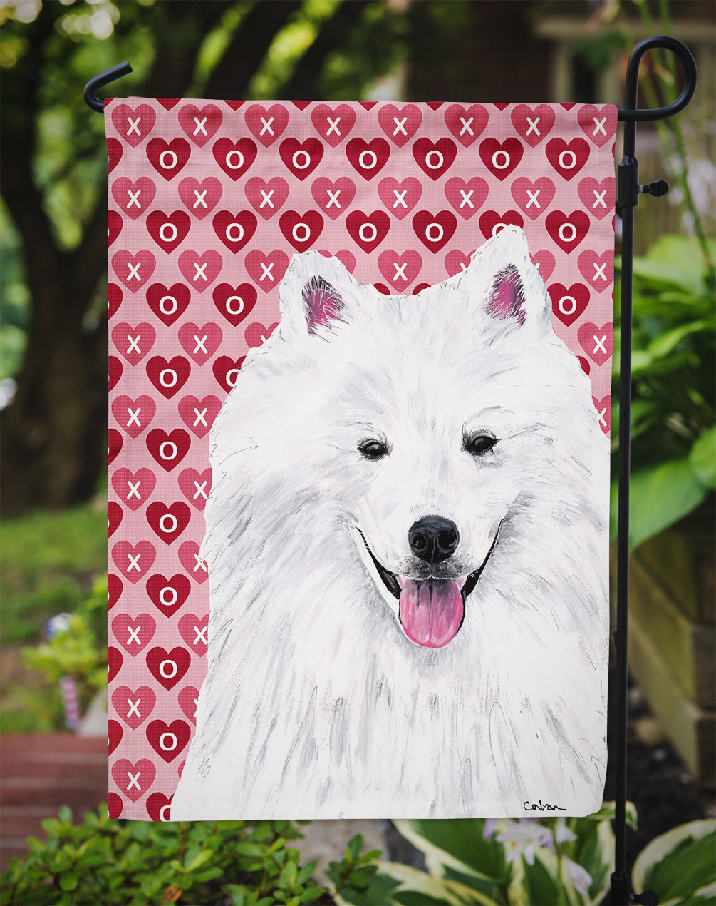 American Eskimo Hearts Love and Valentine's Day Portrait Garden Flag – Decorative Outdoor Yard Flag