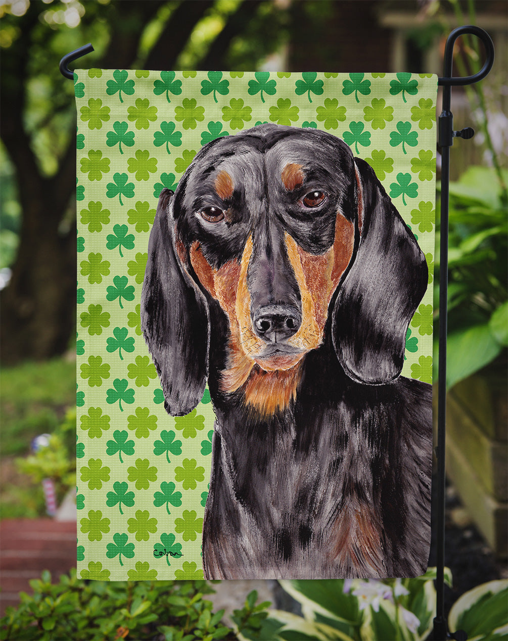 Dachshund St. Patrick's Day Shamrock Portrait Garden Flag – Decorative Outdoor Yard Flag