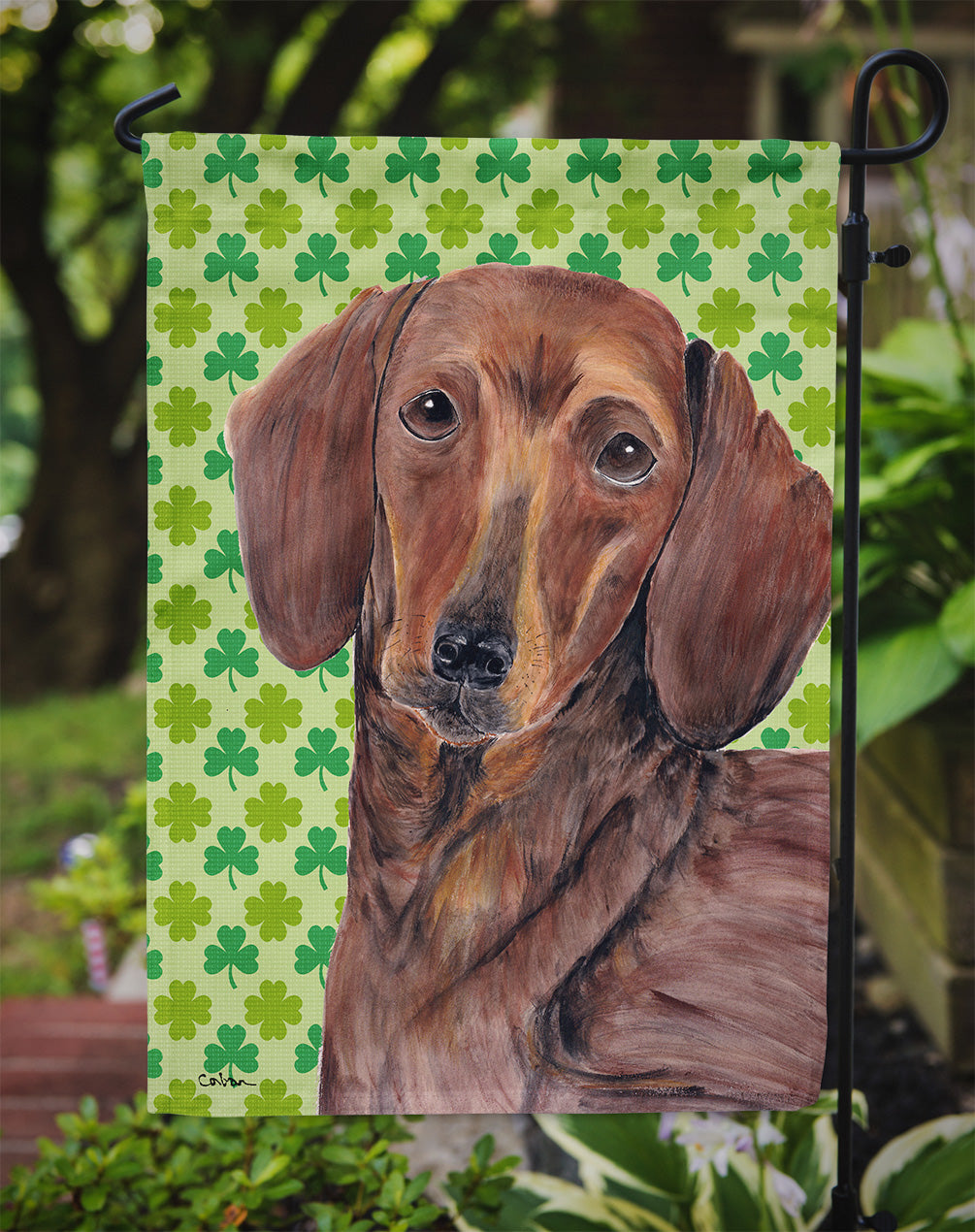Dachshund St. Patrick's Day Shamrock Portrait Garden Flag – Decorative Outdoor Yard Flag