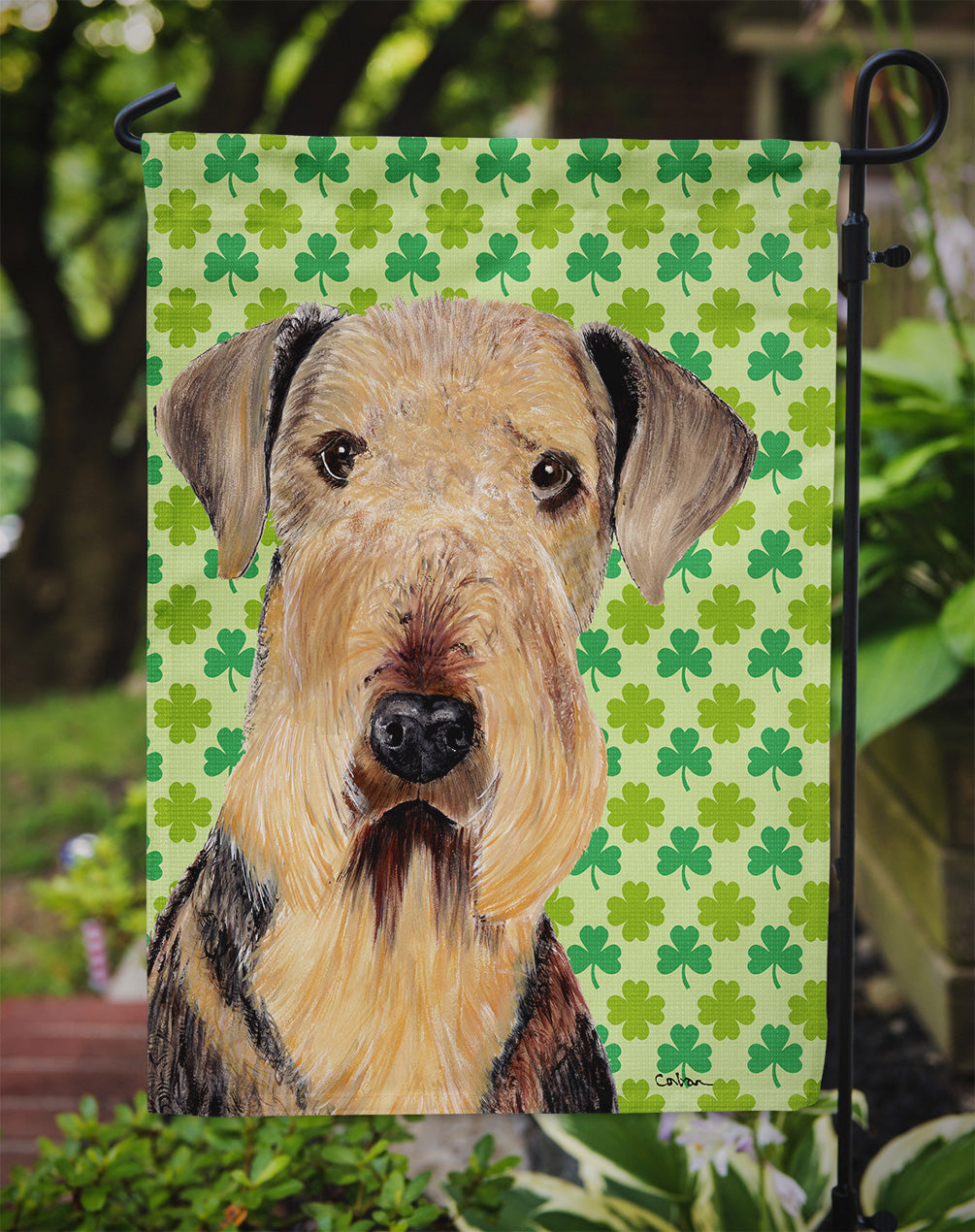 Airedale St. Patrick's Day Shamrock Portrait Garden Flag – Decorative Outdoor Yard Flag
